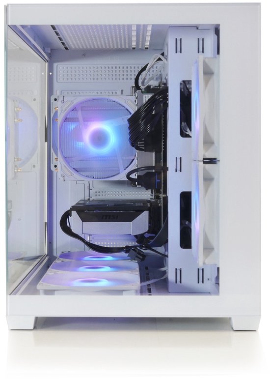 Witte pc-kast met glazen zijpaneel, met verlichte paarse en blauwe ventilatoren.