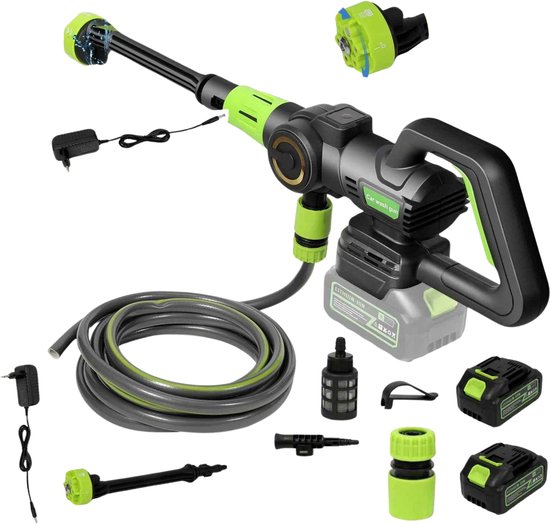 Draadloze hogedrukreiniger 120 bar – 6-in-1 verstelbaar mondstuk – batterij 2x – voor auto, tuin, terras