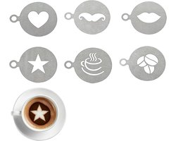 Set van 6 RVS Koffiestencils voor Perfecte Melkschuim Decoraties, Ideaal voor Cappuccino, Taart en Koekjes, Duurzaam en Handzaam