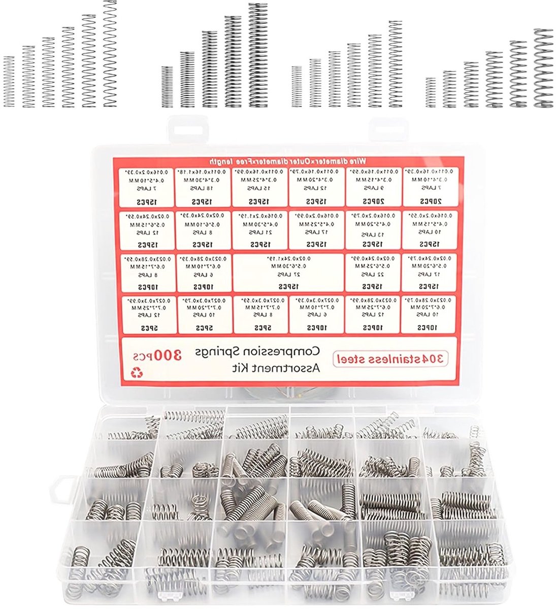 Assortiment van 300 Compressieveren in 23 Verschillende Maten voor DIY, Huishoudelijke Klussen en Auto Reparaties