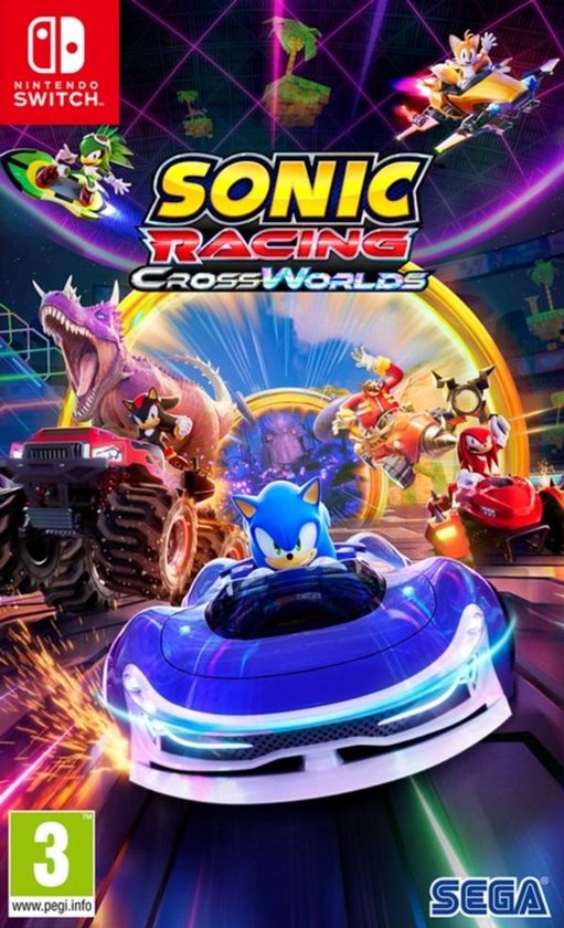 De hoes van het spel 'Sonic Racing: CrossWorlds' voor Nintendo Switch toont Sonic in een blauwe racewagen, omringd door andere personages en voertuigen op een racecircuit.