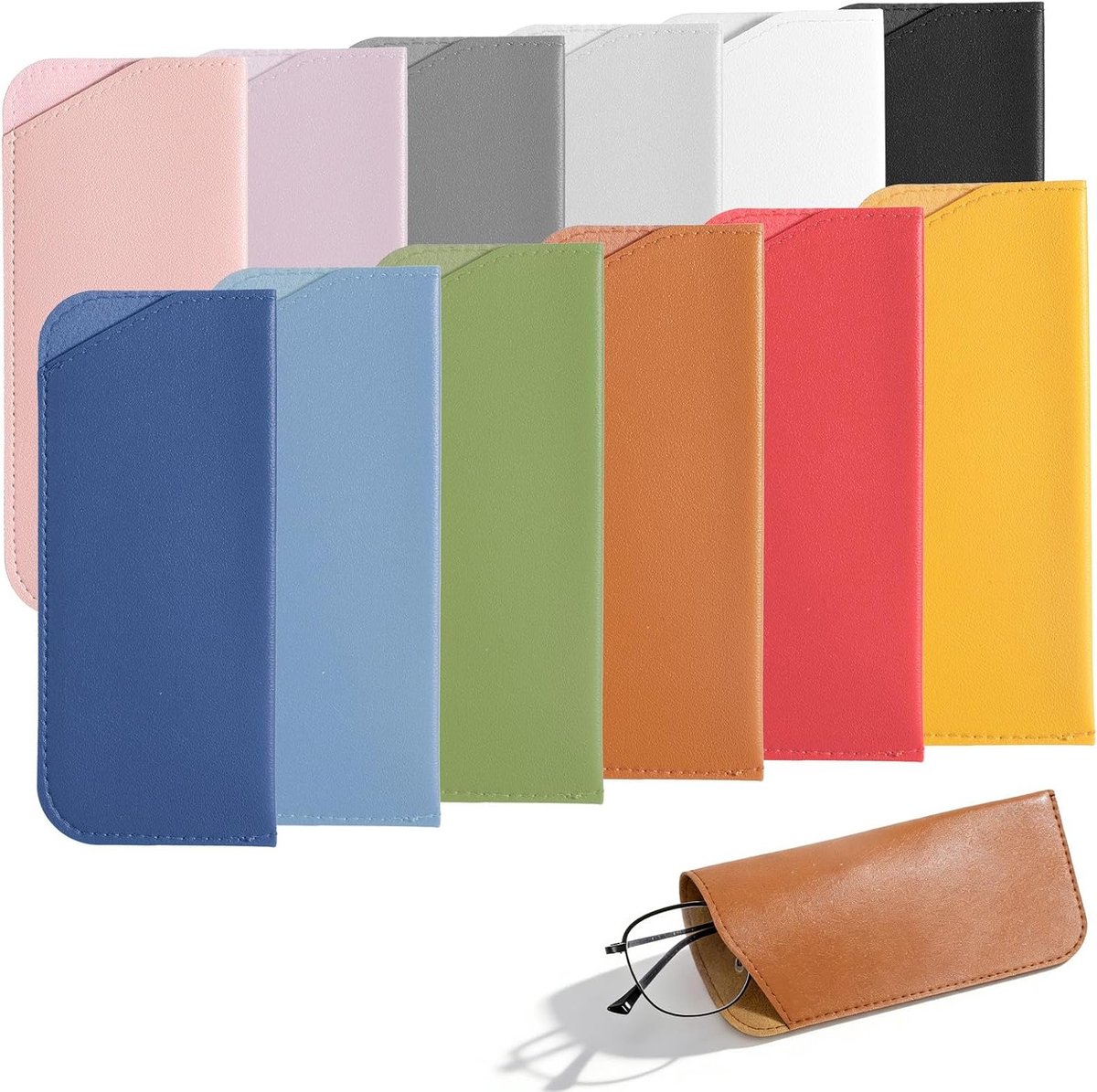 12 Stuks Zachte Brilhoes, 7 x 7 Inch PU Leren Zonnebril Pouch, Draagbare Reisbril Etui voor Volwassenen en Kinderen, Ideaal voor Bescherming en Opslag van Brillen
