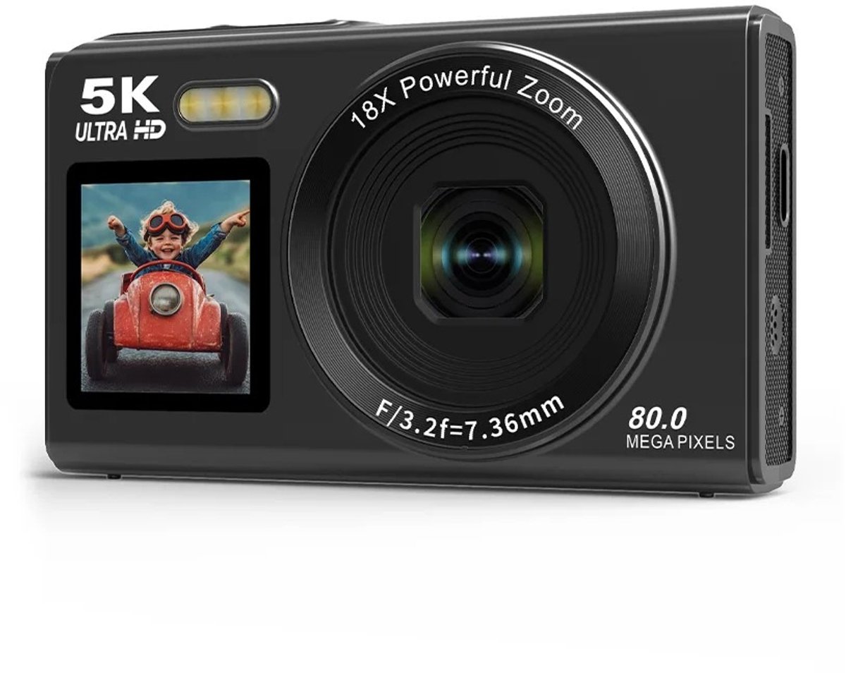 WiseGoods Premium Digitale Foto Camera 5K 80MP Met Dubbel Scherm - 18x Zoom Autofocus - Compacte Vlogcamera Voor Reizen - Zwart