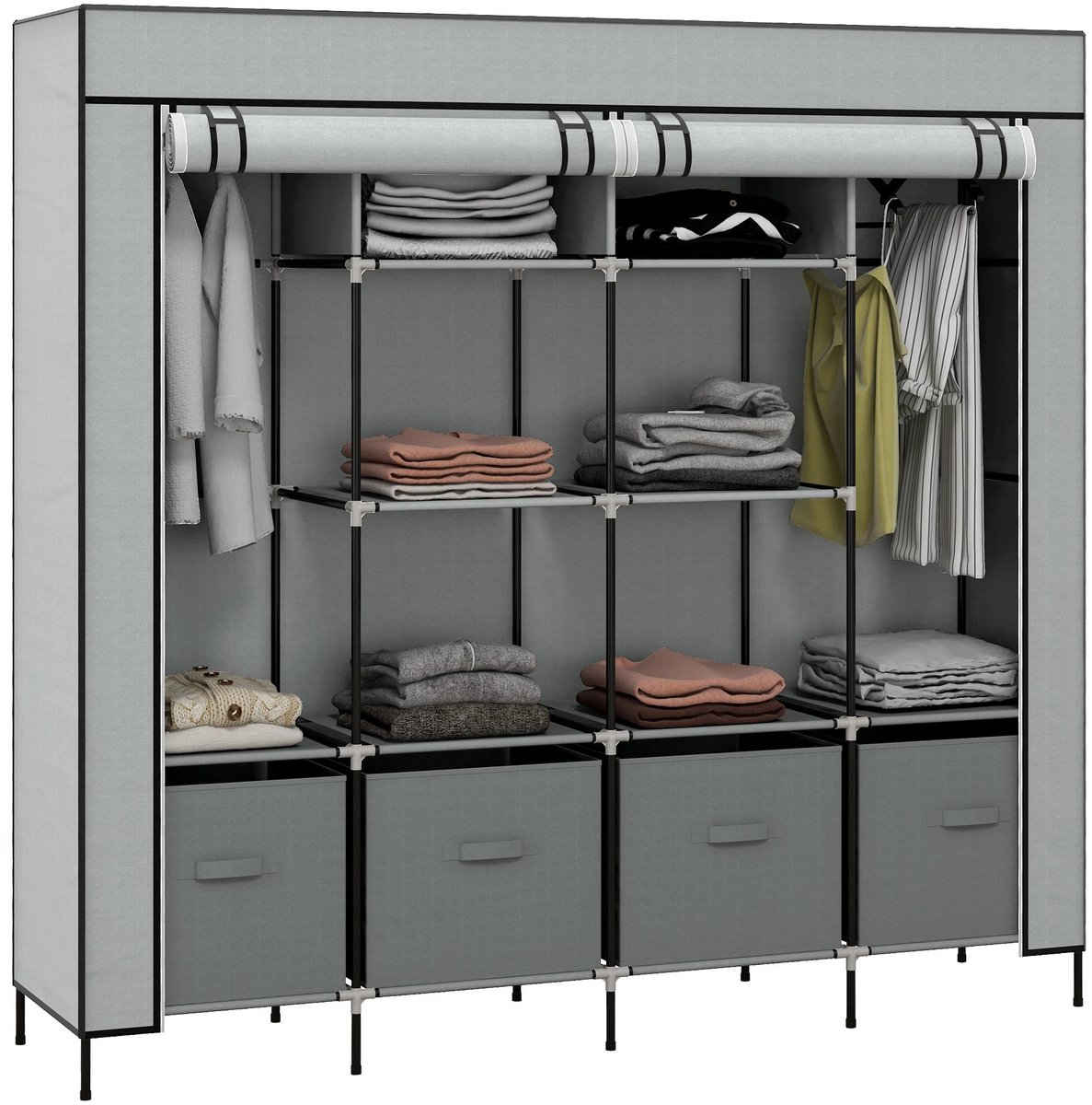 Archi Stoffen Kledingkast – Garderobekast - 10 Vakken & 4 Lades – Met Ritssluiting – Opvouwbaar - 166×42.5×169.5 cm - Donkergrijs