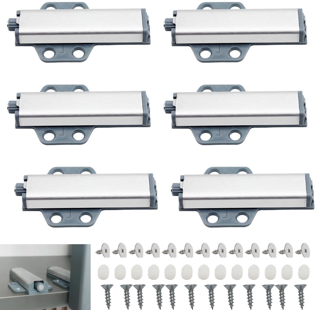 Allecto - Kastdeuropeningshaken - Push Locks - Complete Set - 6 Stuks - Ideaal voor Garage en Keuken - Stille werking - Eenvoudige installatie
