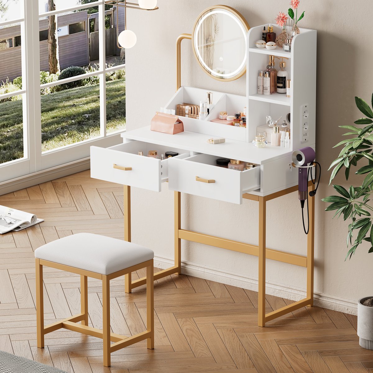 FloraGrace Kaptafel - Met Ledverlichting En Spiegel - Met Kruk En Stopcontacten - Wit Goud - 80x40x138,5 cm