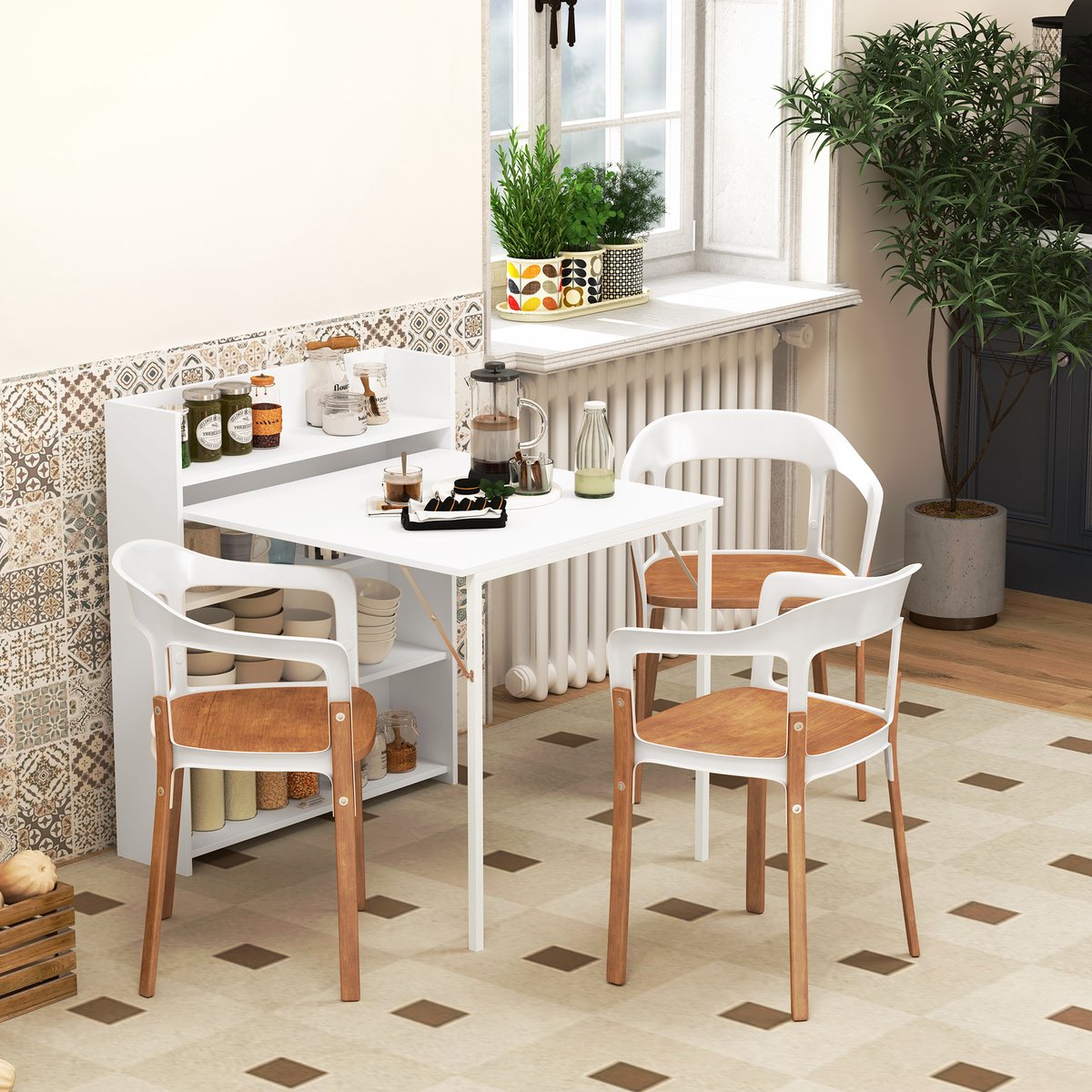 FloraGrace Eettafel - Klapbaar En Uitschuifbaar Met Opbergrekken - Voor Kleine Ruimtes En Keuken - Hout - 78,5x91x93 cm - Wit