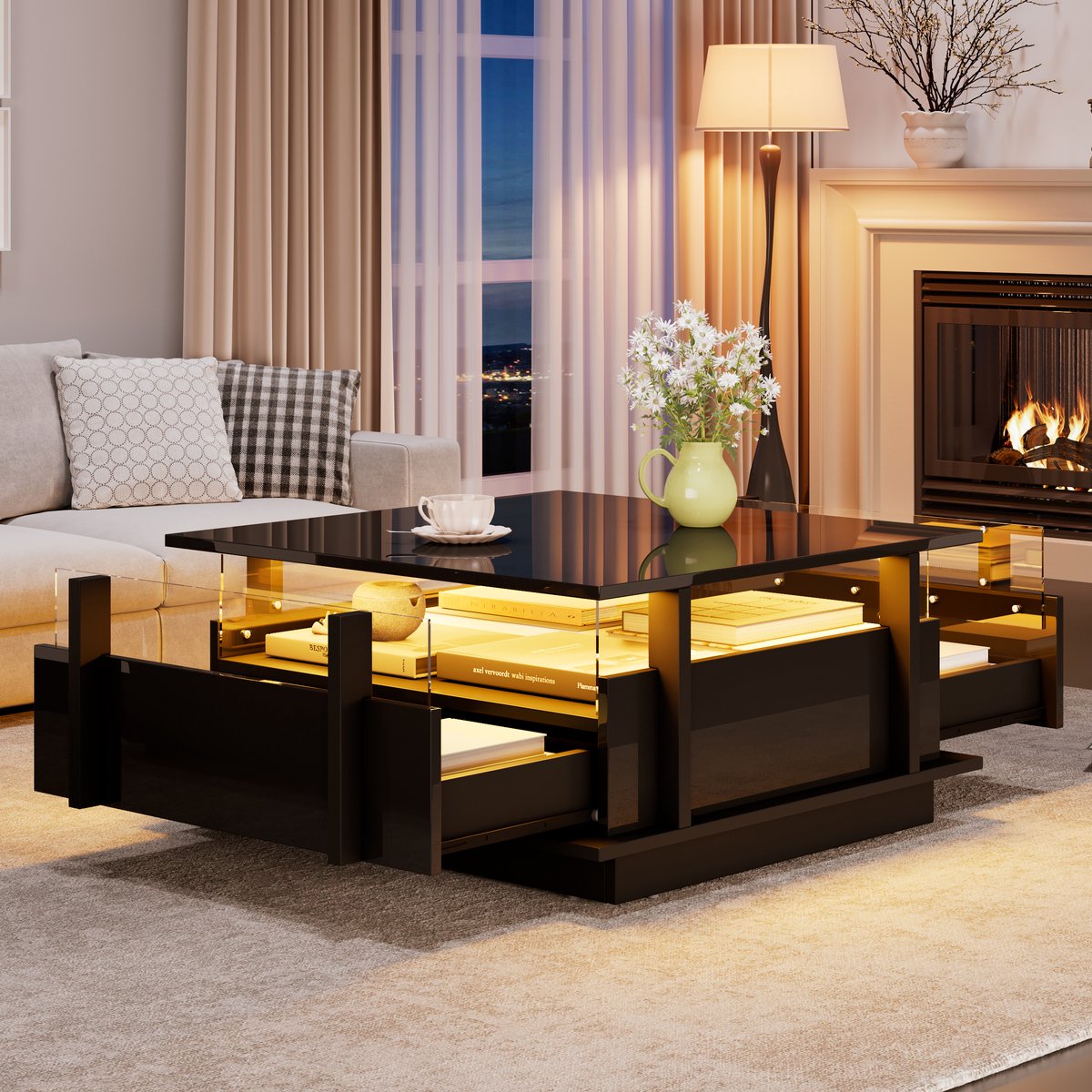 Salontafel - 70x70x35 cm - Hoogglans Met 2 Lades En LED - Acryl Scheidingswand - MDF - Zwart