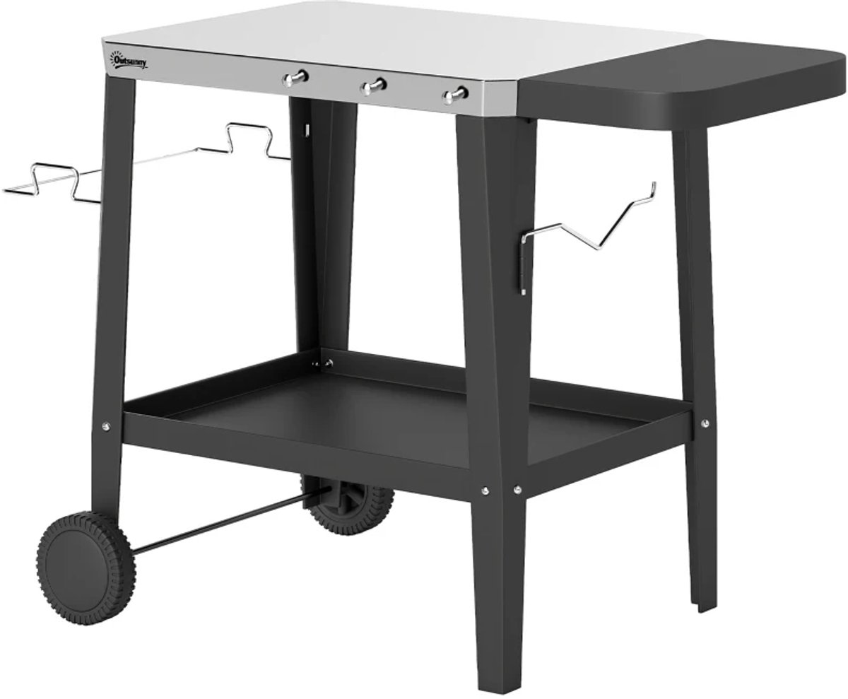 Grillwagen - Grilltafel met Haken, RVS Werkblad, Wielen, Papierrolhouder, Vuilniszakhouder - Rolwagen - Trolley - Keukentrolley - Grillstation - Outdoor Serveerwagen - Tafelstandaard BBQ - voor Tuin, Terras, Grillen - Zwart