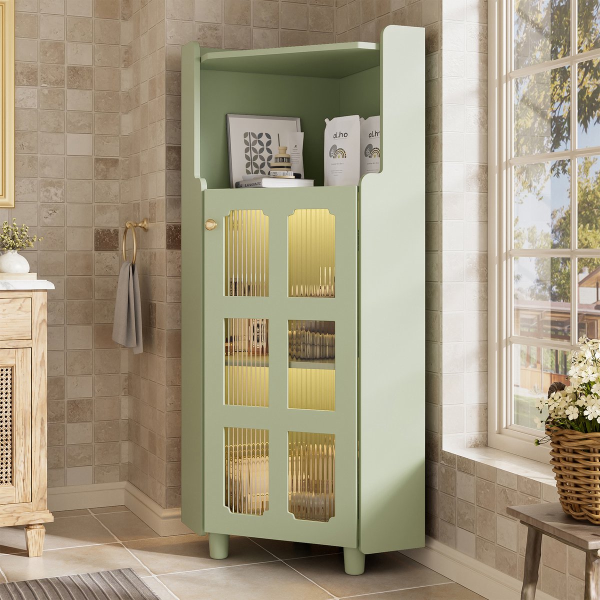 MODFU - Hoekkast - Ledverlichting - Opbergruimte - Modern - Voor Badkamer Of Woonkamer - MDF - Groen