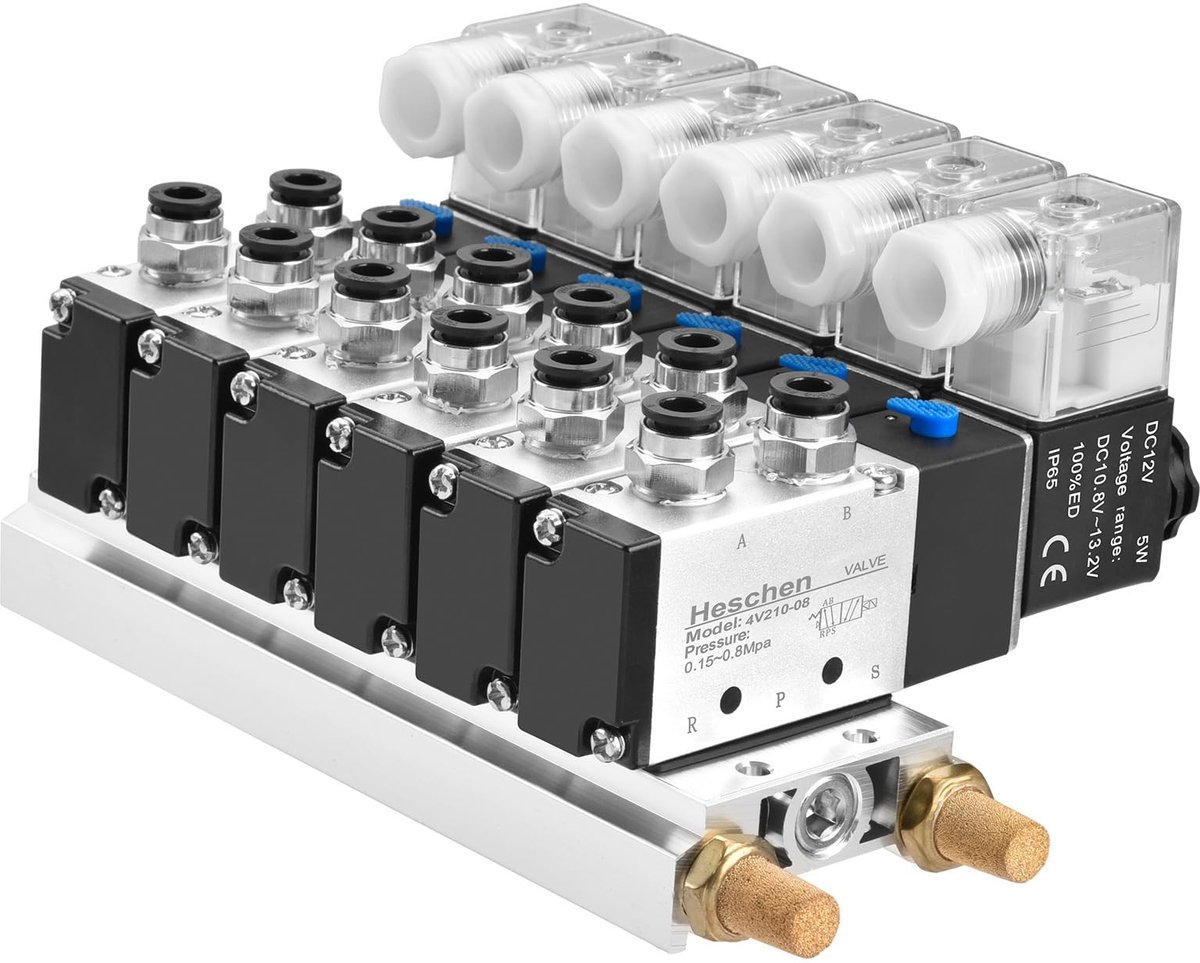 Byshayne - Solenoïde Ventiel - Pneumatisch Ventiel - 5-Weg 2-Positie - PT1/4 Inch - 12VDC - Manifold Basis - Geschikt voor Diverse Toepassingen - M