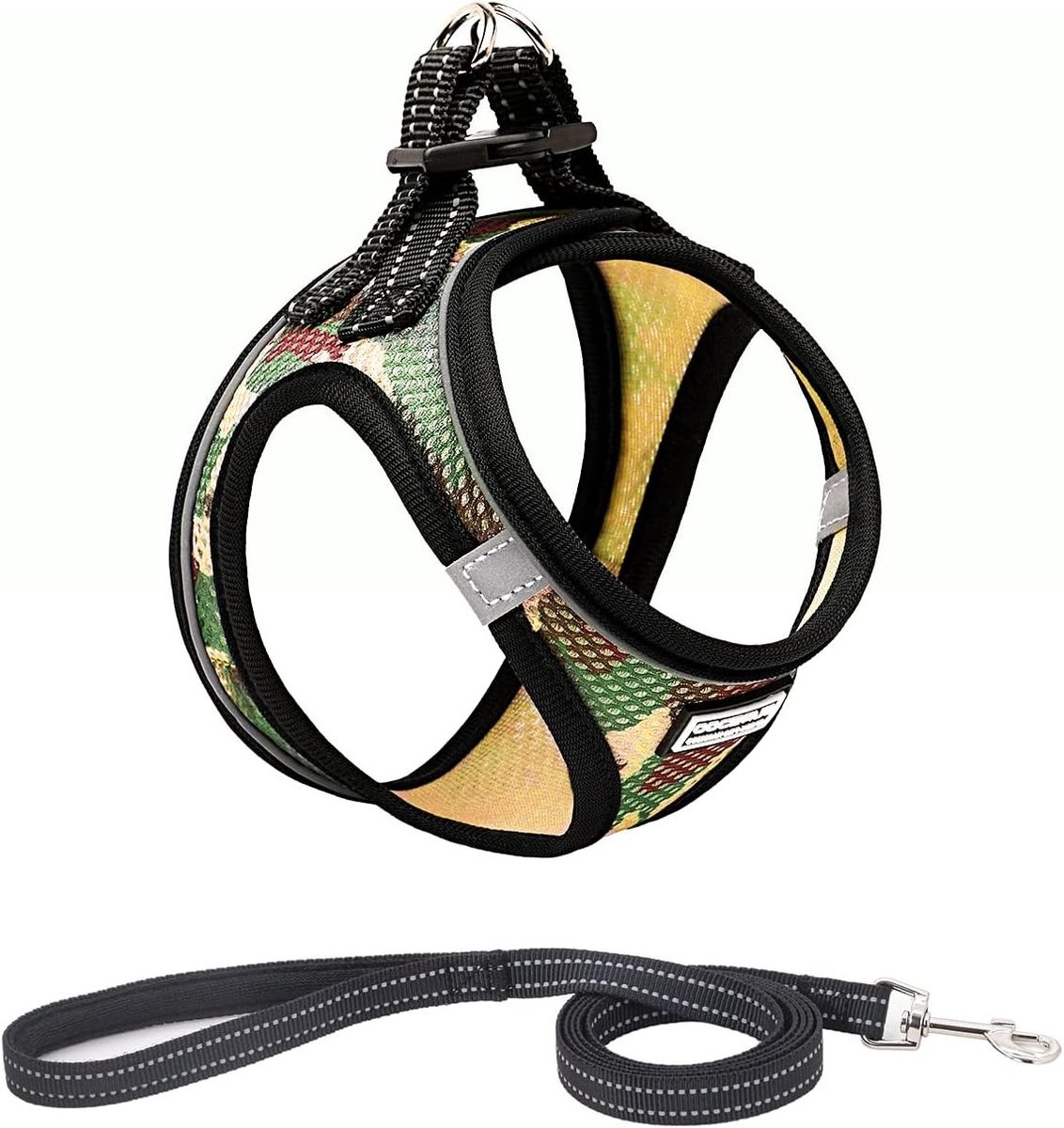 Reflecterende zachte mesh hondentuig en leiband set, ademend en comfortabel voor kleine honden en katten, ideaal voor training en wandelen (XXS, camouflage groen)