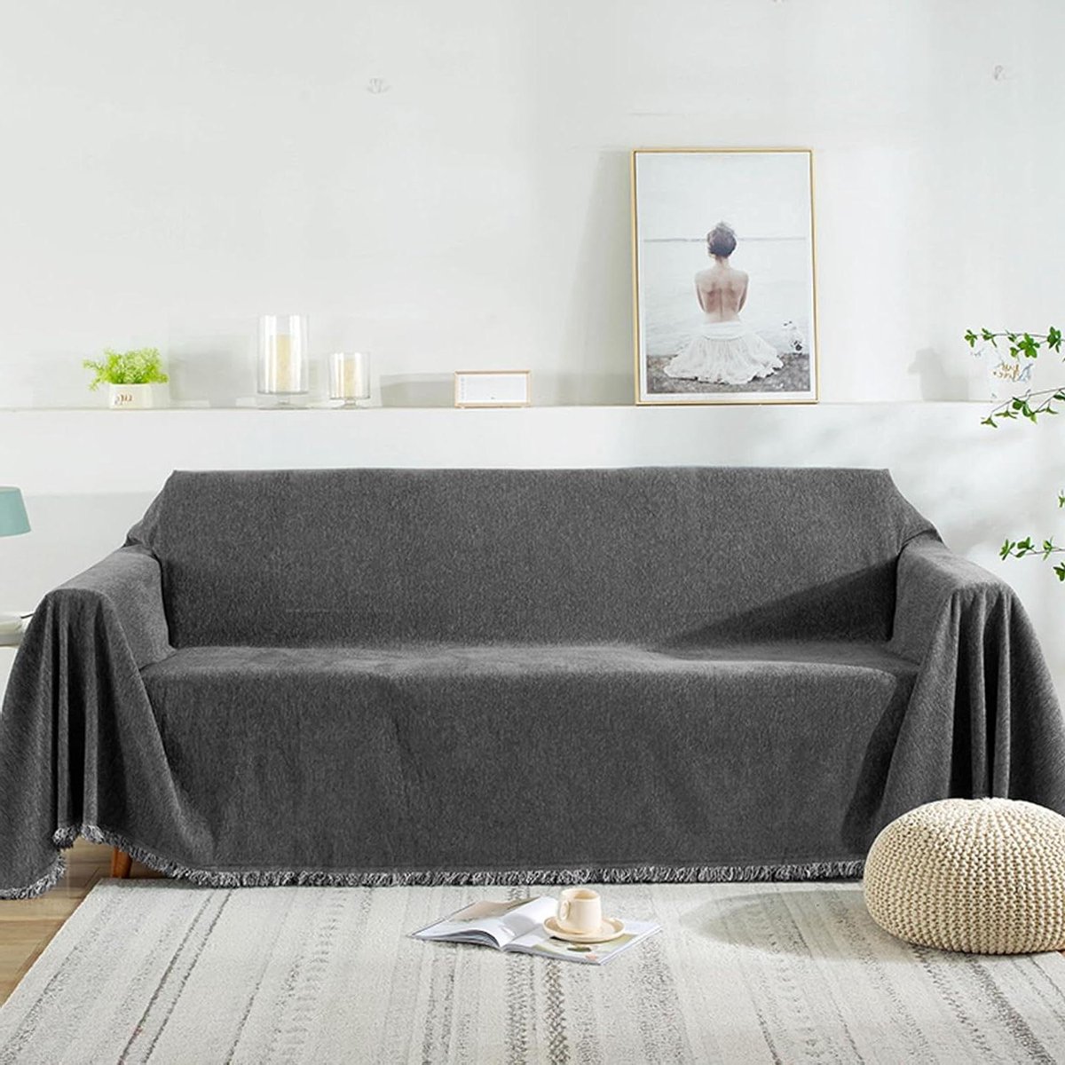 Chenille Tassel Sofa Towel 1/2/3 Seater Fluffy Soft Plush Decorative Bench Cushion Cover S