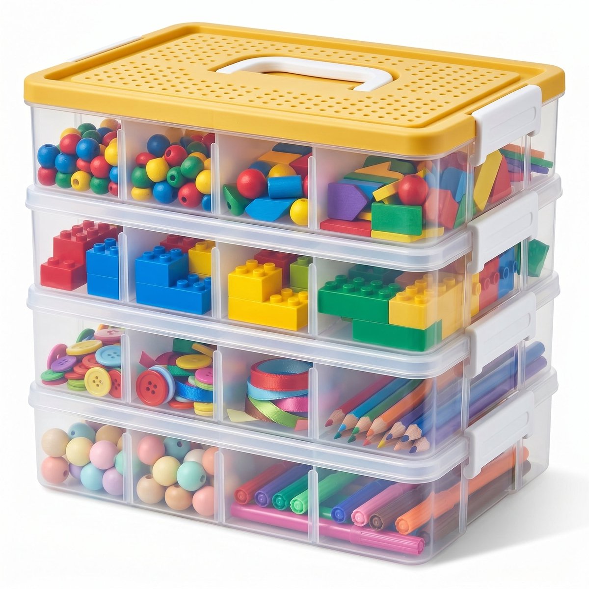 Lomera Opbergbox Stapelbaar 4 Lagen - Knutseldoos - Sorteerdoos met Verdelers en Compartimenten - Organizer - Transparante Opbergdoos - Hobbybox - Naaidoos - LEGO Opbergbox met Handvat - Hobbydoos - Speelgoeddoos - Kralenbox - Sieradendoos