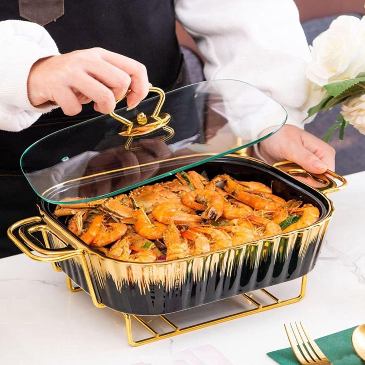 Chafing Dish Buffet Server - Voedsel Warmer Set - Catering Evenementen - Premium Keramiek Ijzer - 3 Maten - Zwart