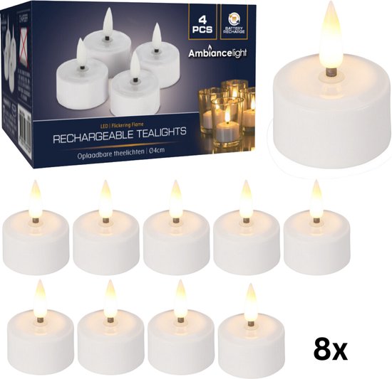 Een doos met 8 oplaadbare witte LED theelichtjes met flakkerende vlammen.