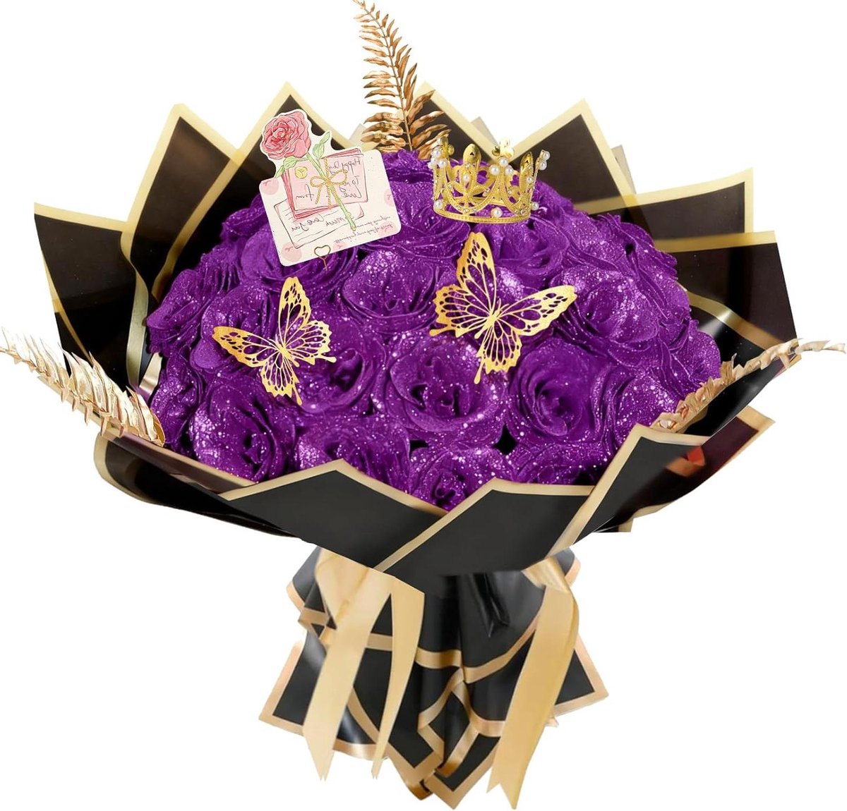 Glitter Rozen Boeket - Kunstbloemen Boeket - Decoratie en Cadeau - DIY Ontwerp met Kroon - 36 cm Hoog - Paars