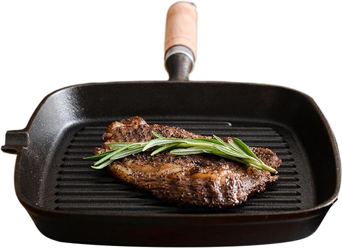Grillpan Gietijzer - Campingpan Koekenpan - Buiten Koken - Houten Handvat - 24 cm - Zwart