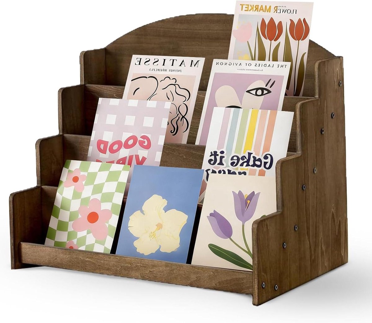 Kaartenstandaard, meerlaagse ansichtkaartstandaard, houten opslag, kaartenstandaard, ansichtkaarthouder voor tijdschriften, boeken, ansichtkaarten