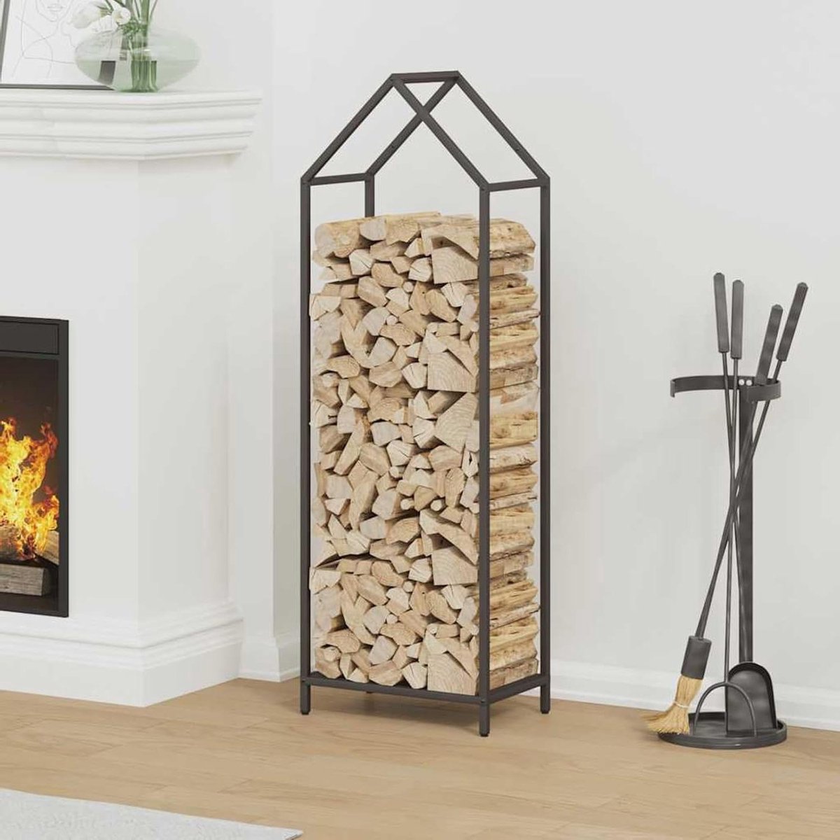 Gecheer 864299 Brandhoutrek zwart, 40 x 25 x 120 cm, koudgewalst staal, haardhoutrek voor binnen en buiten, kampvuur, camping, reizen