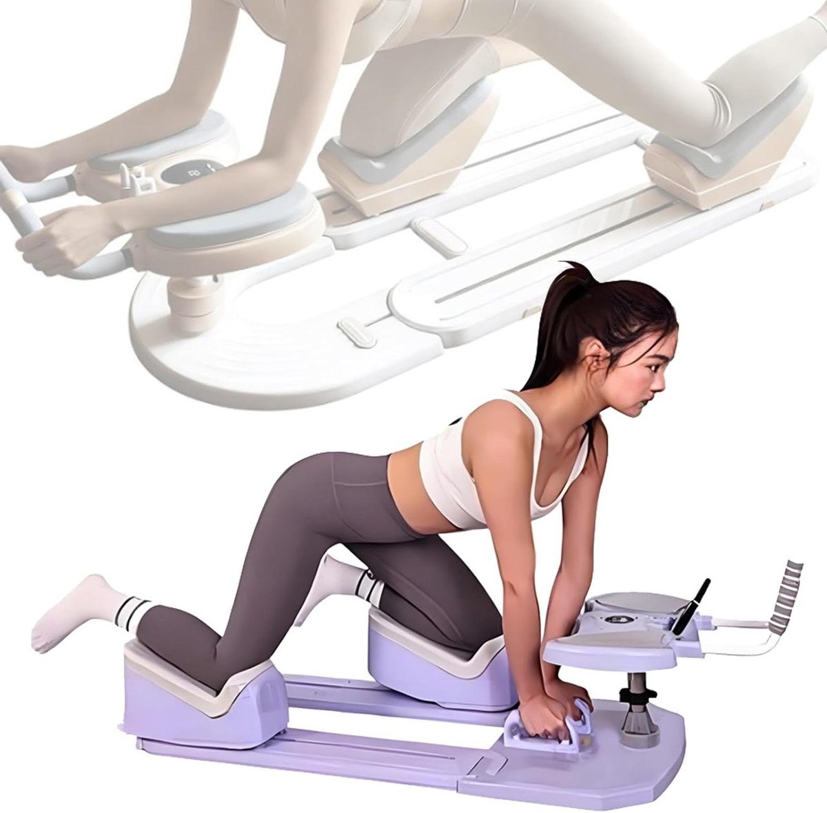 Kruiptrainingsapparaat voor thuisgym, draai- en strekapparaat en buikspiertrainer met digitale timer en in hoogte verstelbare standen (3 niveaus), fitness draai- en beentrainingsapparaat Purple