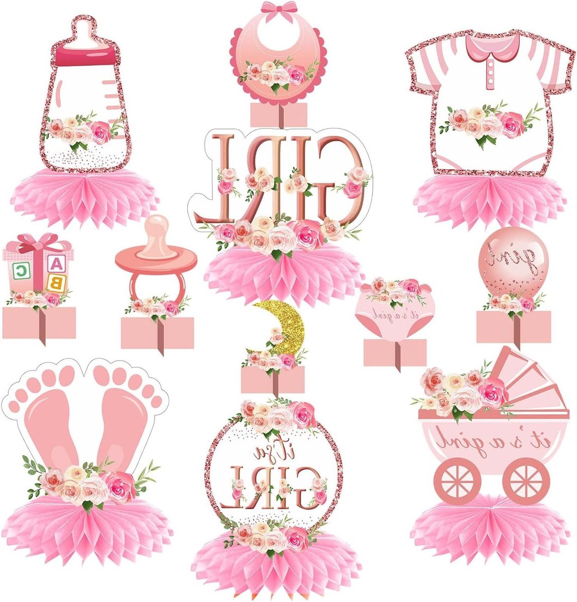 12-delige Roze Gouden Babyfeest Decoraties - Tafeldecoraties voor Meisjes, Bloemen Thema, It's A Girl, Feestaccessoires en Tafeldecoratie