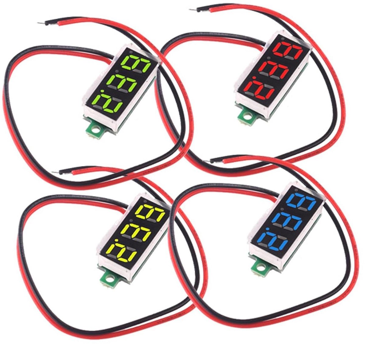Digitale Voltmeter - Spanningsmeter Module - Accu Status Checken - Omkeerbeveiliging - 4 Stuks - Rood Geel Groen