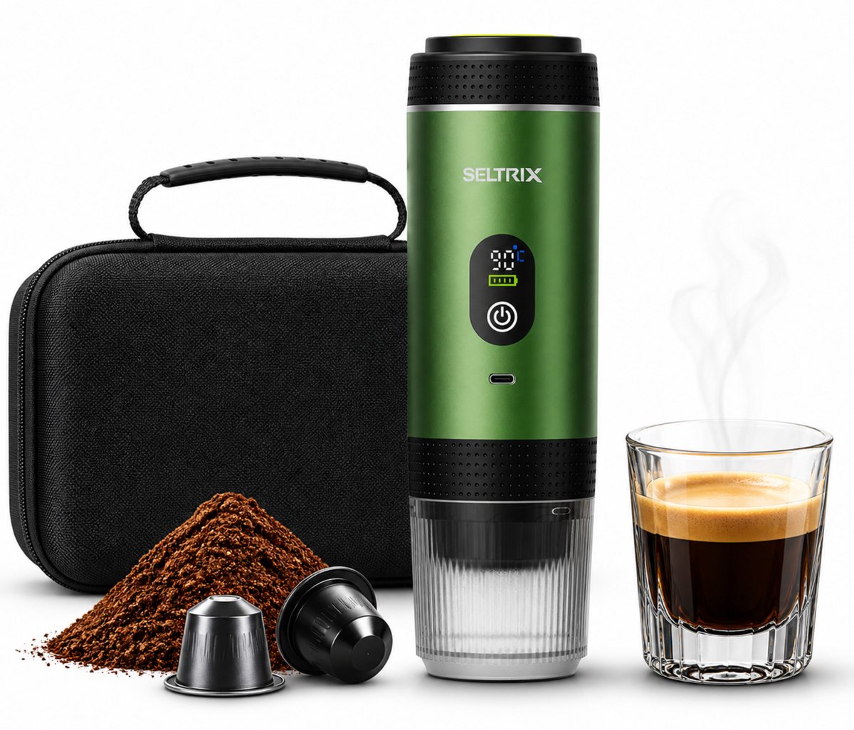 Draagbare Koffiemachine - 20 Bar - Espressomaker voor Onderweg - Inclusief Beschermhoes - 150 ml - 7500 mAh Oplaadbaar - Draagbaar koffiezetapparaat - Cups & Gemalen Koffie - Camping & Reizen - Espresso & Lungo - Seltrix - Groen