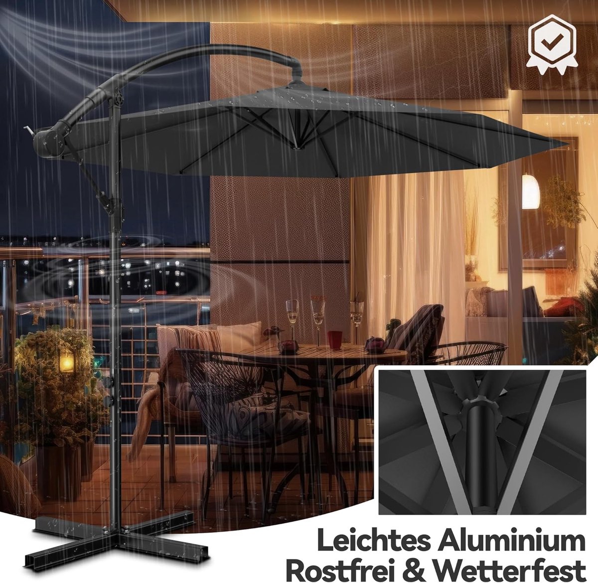 Zweefparasol Aluminium - Tuinparasol Met Sl slinger - Zomerse Schaduw Creëren - Extra Stevige Baleinen - Ø 300cm - Donkergrijs – foto 7