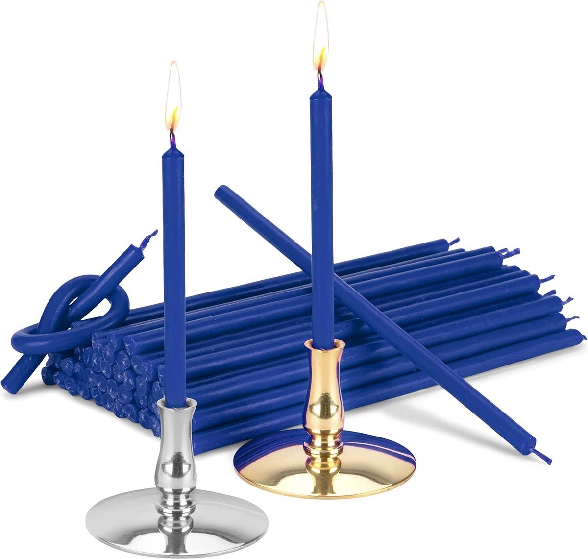 Kandelaars met kaarsen - Kaarshouders set - Sfeer creëren - Drupvrij brandend - 16cm kaarsen - Blauw goud zilver