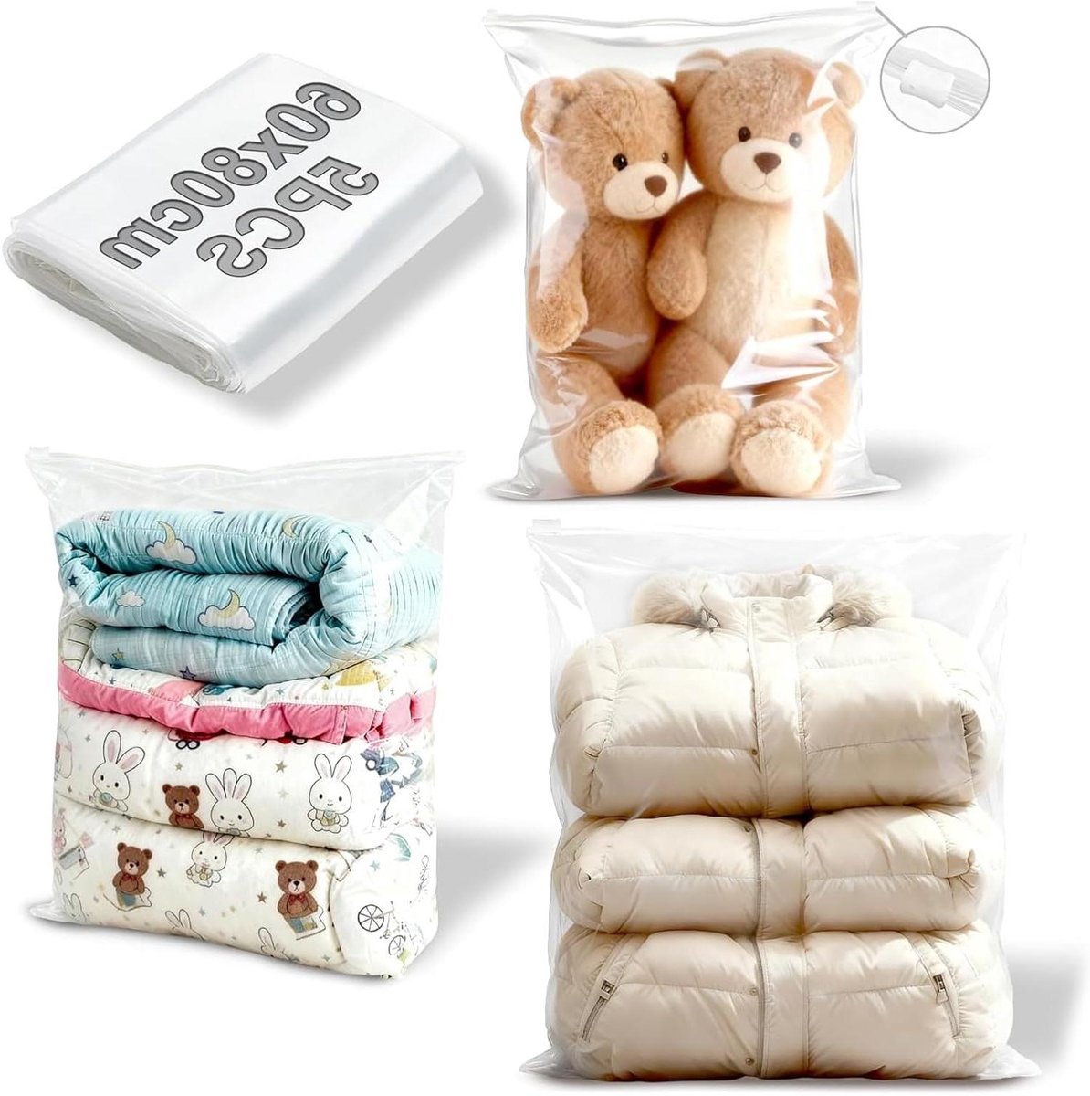 Zip Bags - Opbergzakken - Beddengoed Opbergen - Luchtventiel - 5 stuks 60x80cm - Transparant