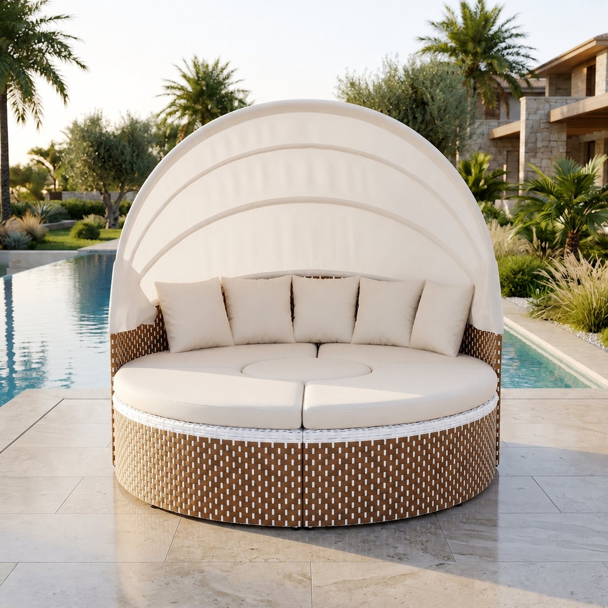 Luxe Rotan Zonne-eiland 2-3 Persoons – Tuinlounge Schelp Fauteuilbed met Uitschuifbaar Luifel, Opklapbaar Tafelblad, Waterdichte Kussens & Robuust Stalen Frame – Beige Premium Loungeset Industrohome