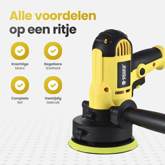 Gele polijstmachine met iconen: Krachtige motor, Regelbare snelheid, Complete set, Veelzijdig gebruik.