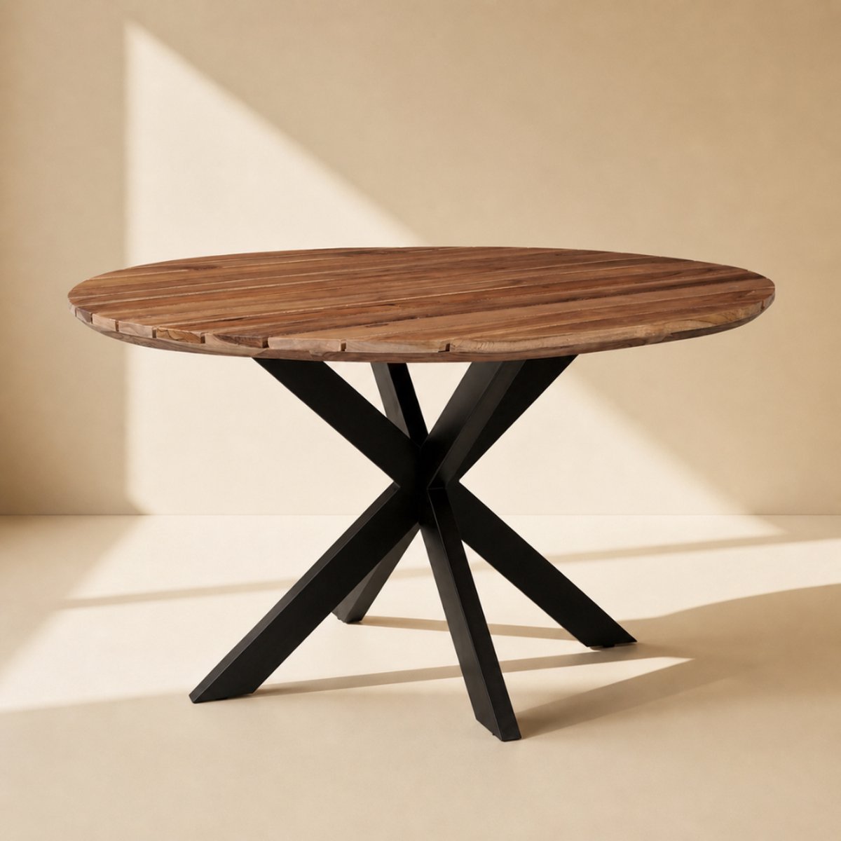 Sfeerwonen Enzo Tuintafel Rond - 130 cm – Teakhout Naturel – Outdoor – Swiss Edge – Matrix Spinpoot Zwart - 6 personen