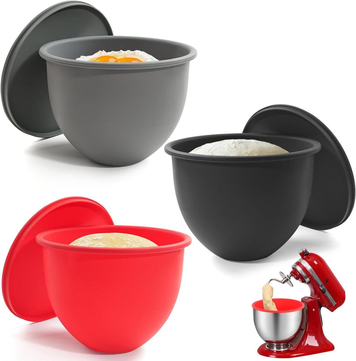 Siliconen Kom Voering - Mixer Kom Deksel - Keuken Mixer Gebruik - Voedselveilig Hittebestendig - 5 Quart - Zwart Rood Grijs