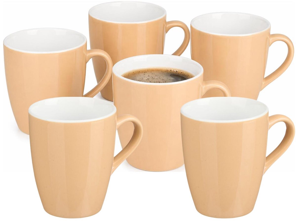 Vessia Design koffie mokken / bekers met oor - 12x stuks - beige - keramiek - 410 ml - servies - kopjes