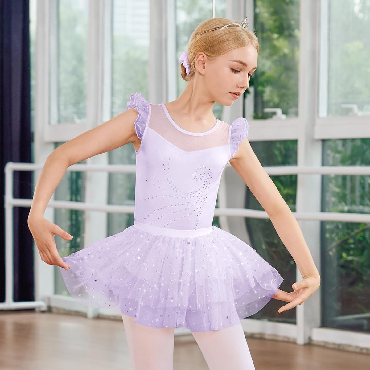 Balletoutfit voor Meisjes met Rimpel Mouwen en Rok, Shiny Danskostuum voor 3-10 Jaar