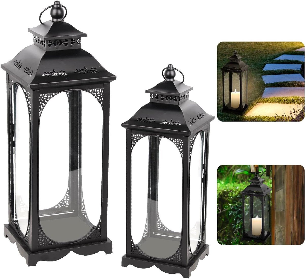 Decoratieve Lantaarns - Tuinlichten Windlicht - Creëer Sfeer - Weerbestendig IJzer - Set van 2 - Zwart