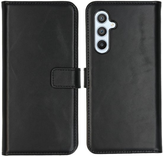 Étui livre en cuir noir pour téléphone, ouvert, avec le téléphone à l'intérieur.