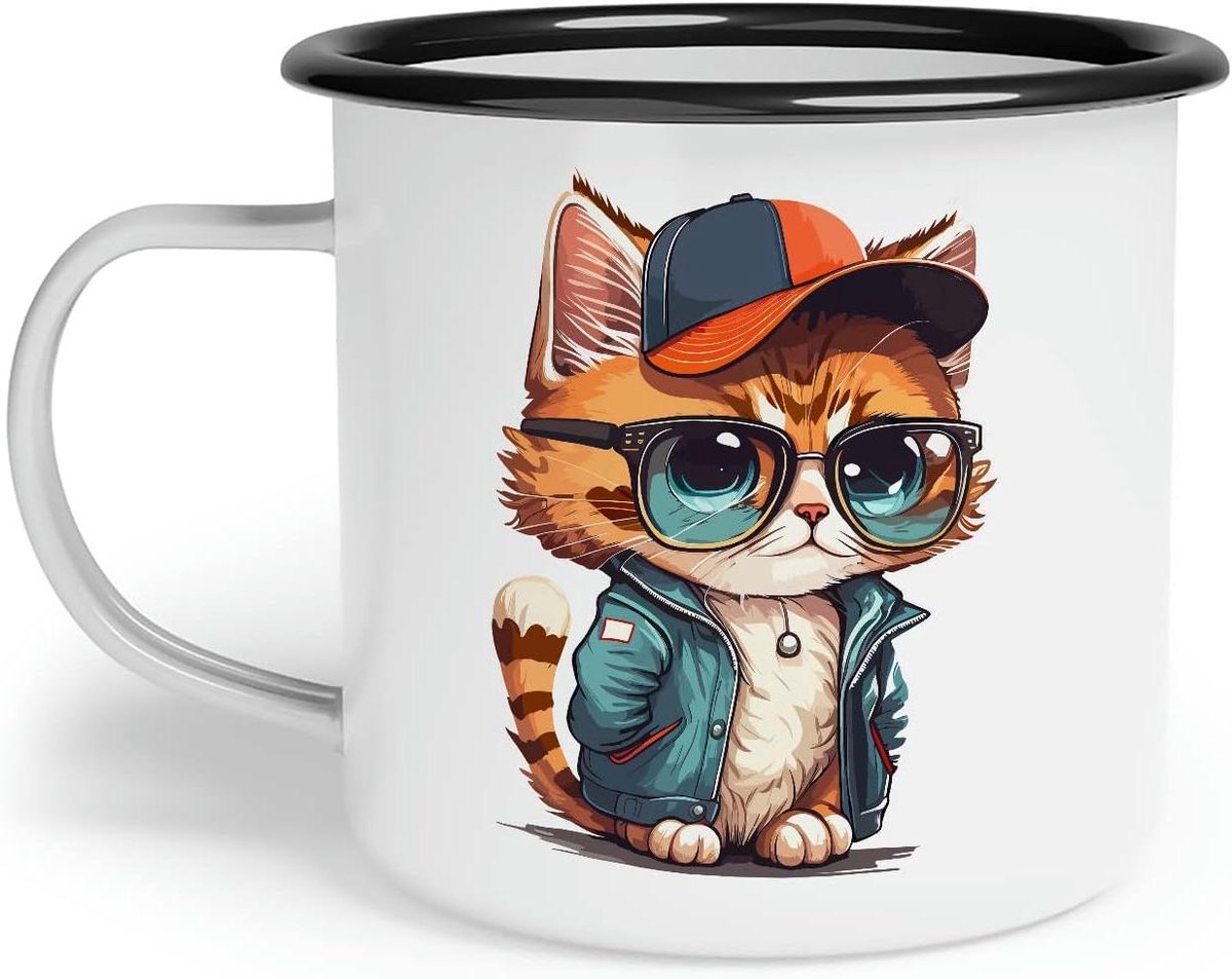 Emaille mok - Katten mok - Koffie drinken - Handgemaakt in Duitsland - 300 ml - Wit met zwart