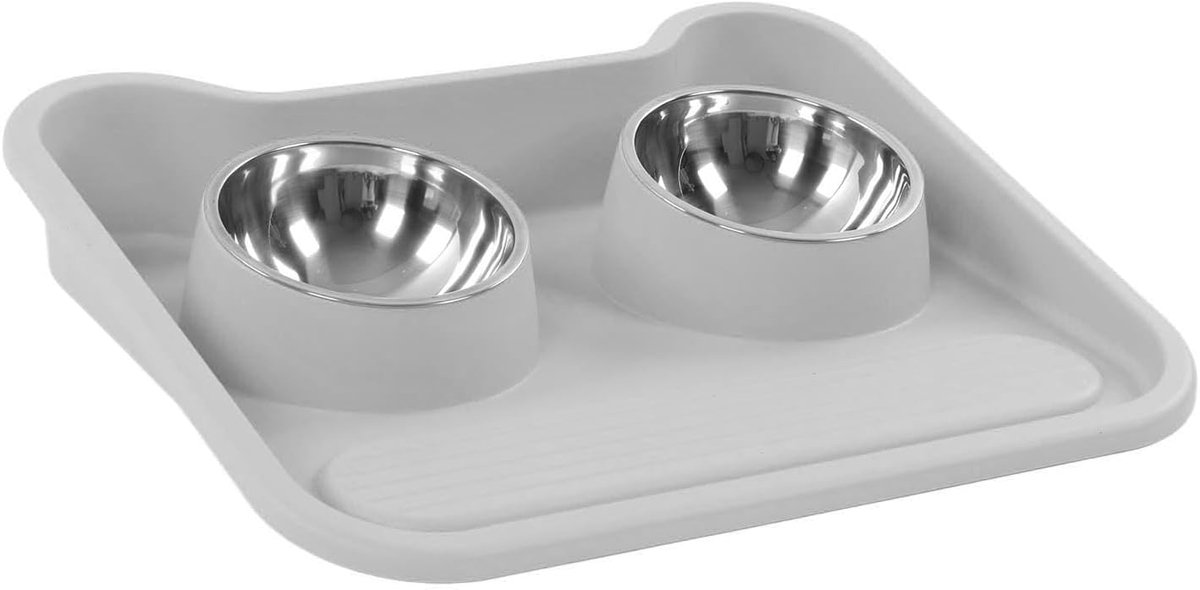Katten Drinkbak - Voerbak Set - Comfortabel Eten - Verhoogd 15 Graden - Dubbele RVS - Grijs