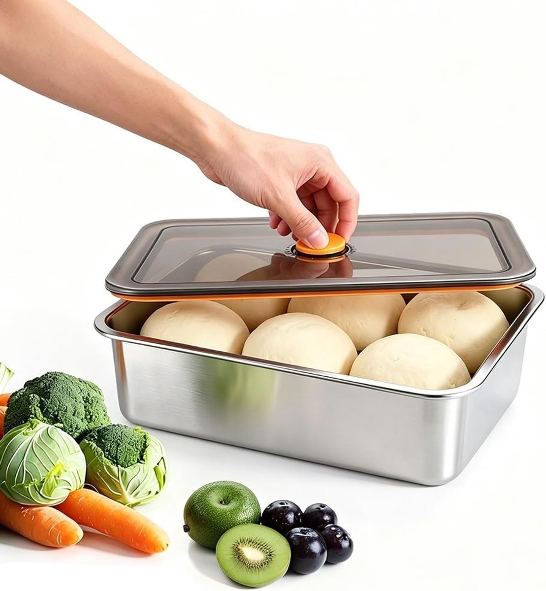 Roestvrijstalen pizzabox met deksel voor vers pizzadeeg, brooddeeg, fruit en salade, ideaal voor koelkastopslag