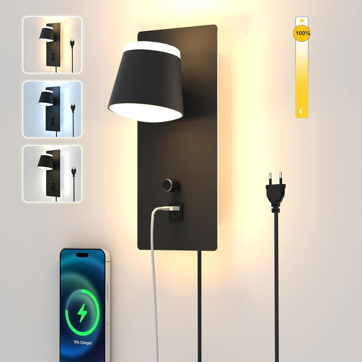 MRKK® Wandlamp Binnen met Snoer - Wandlamp met Stekker voor Binnen - met Dimbare Schakelaar - Industrieel en Vintage - Slaapkamer Bedlampje