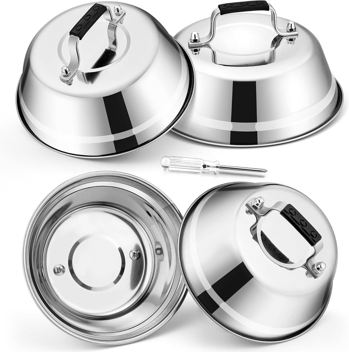 Stainless Steel Burger Bell Set van 4 Stuks met Rubber Handvat voor Grillen en Koken, Geschikt voor Steak, Kaas en Teppanyaki, Vaatwasserbestendig - 16.8 x 6cm