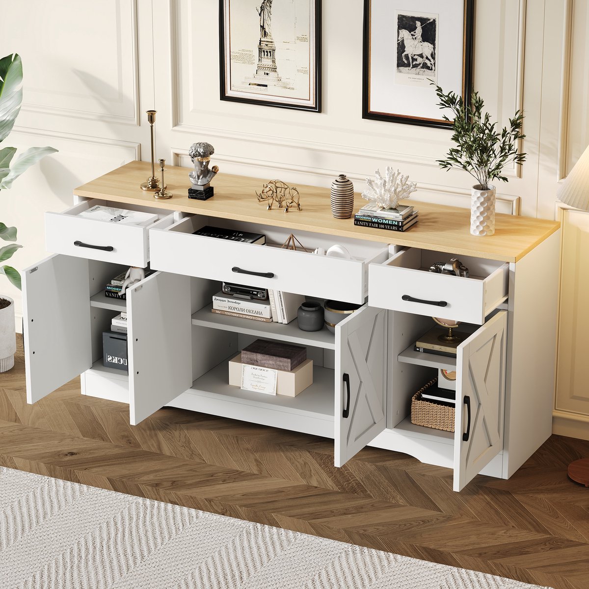 MODENUIT Dressoir - 3 Laden En 4 Deuren Voor Woonkamer Of Hal - MDF Wit Met Houtkleurig Bovenblad - 160x37x75 Cm