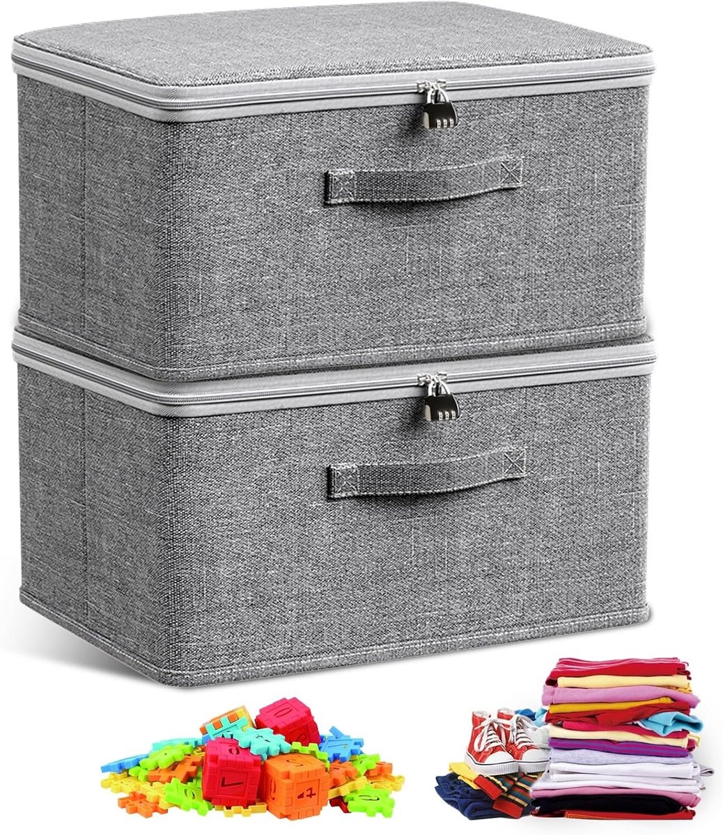 Set van 2 Opvouwbare Opbergmanden met Sleutel en Stoffen Deksel voor Speelgoed en Kleding - 30 x 20 x 14 cm (Grijs)