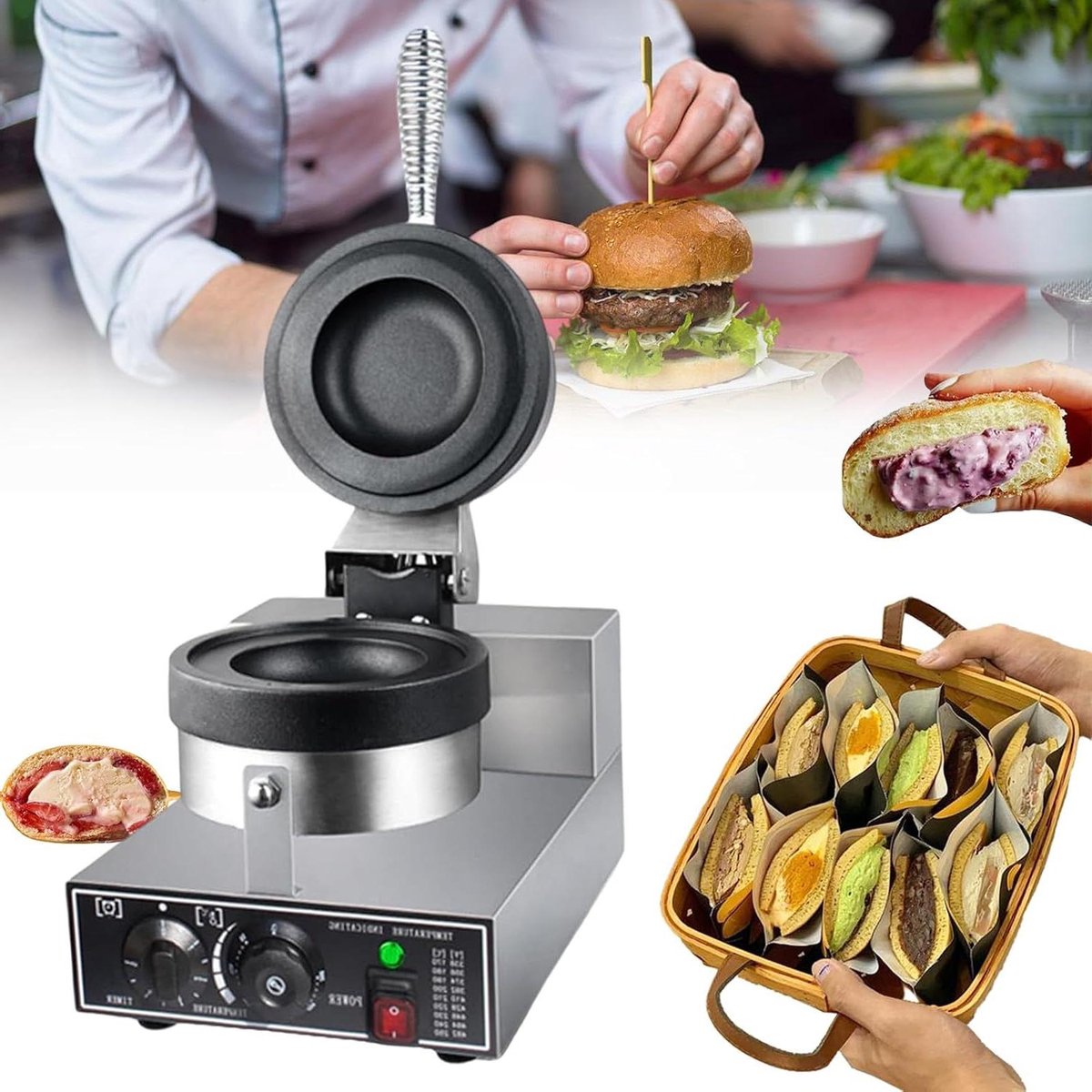 Burger Wafelijzer - Wafelmaker Burger - Snacks Maken - Dubbelzijdig Verwarmen - 25x38x28cm - Zilver