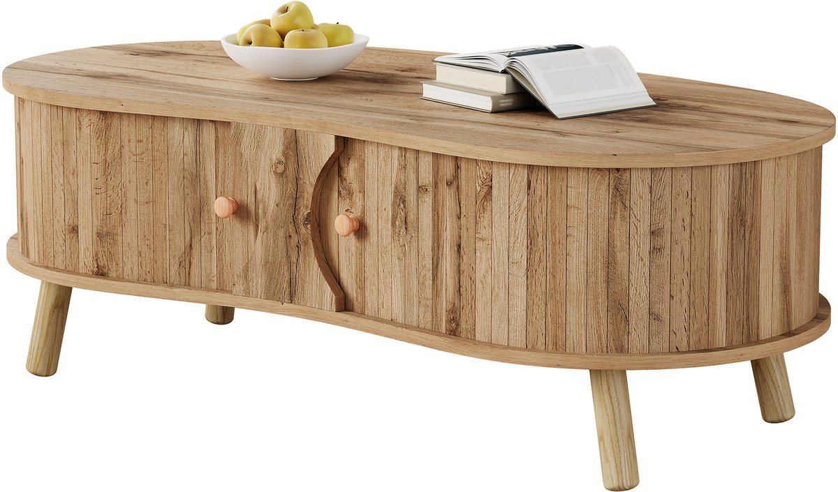 Salontafel - Erwtenvorm - Met groefontwerp – Dubbele schuifdeuren - 108 x 50 x 37 cm - Geschikt voor de woonkamer - Natuurlijke houtkleur
