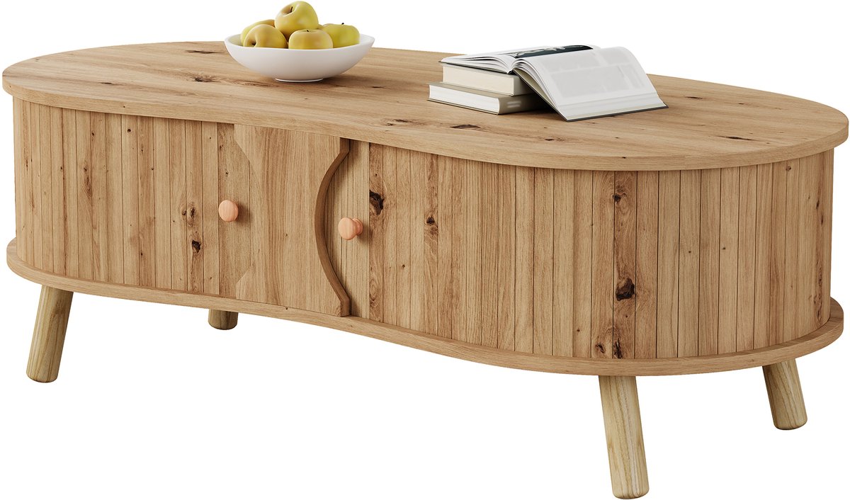 Salontafel - Erwtenvorm - Met groefontwerp – Dubbele schuifdeuren - 108 x 50 x 37 cm - Geschikt voor de woonkamer - Natuurlijke houtkleur