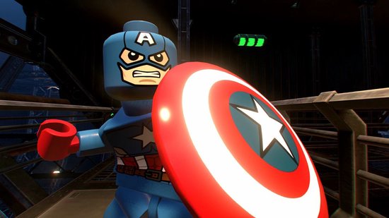 Lego Captain America met rood-witte schild in een donkere, futuristische omgeving.